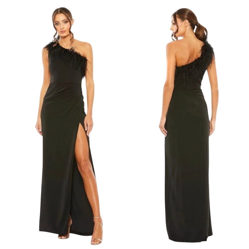 Mac Duggal Women's One-Shoulder Feather Trim Gown Dress Black Size 4 NWT